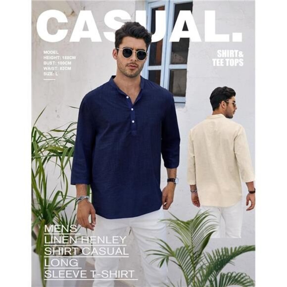Mens Linen Shirts Casual Cotton 3/4 Sleeve Regular-Fit Henley - Picture 3 of 6
